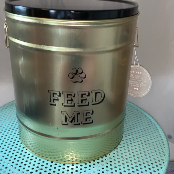 Gold FEED ME Large Fringe Pet Food Storage Tin With Lid - Picture 2 of 15